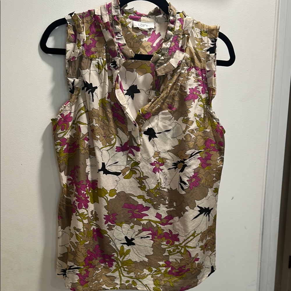 LOFT Tan and Pink Ruffled Mandarin Collar Blouse